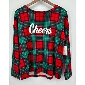 Joyspun Pajama Top Women Medium Red Green Gingham Cheers Christmas NWT